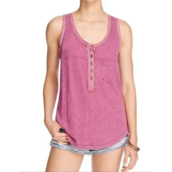 Free People Linen Burnout Button Front Henley Traveler Tank, S - Picture 1 of 6